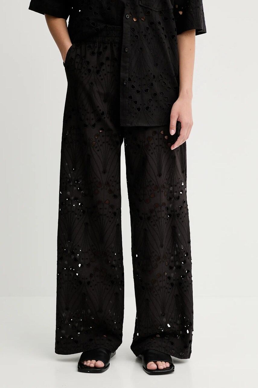 Gestuz pantaloni din bumbac culoarea negru, lat, high waist, 10910510