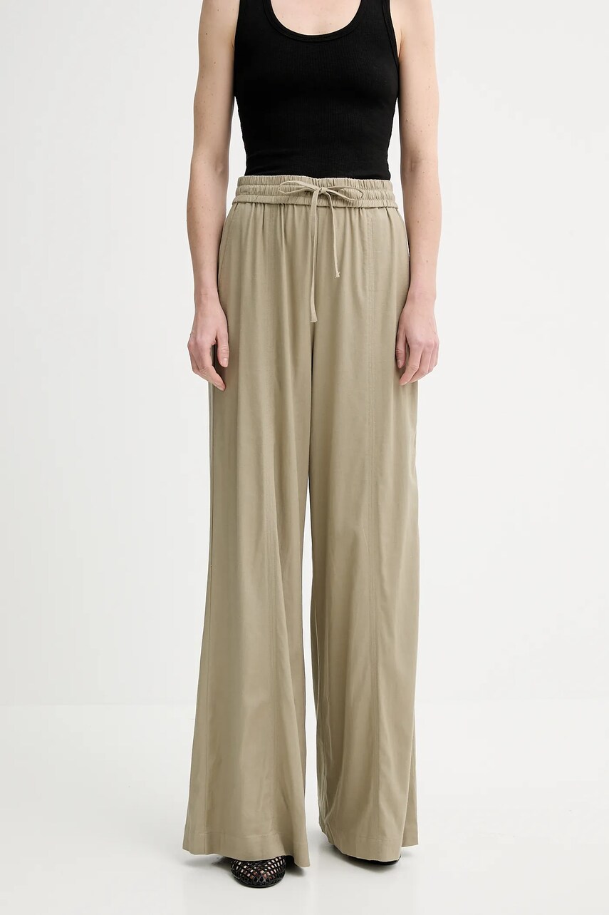 Gestuz pantaloni din amestec de in culoarea verde, drept, high waist, 10910517