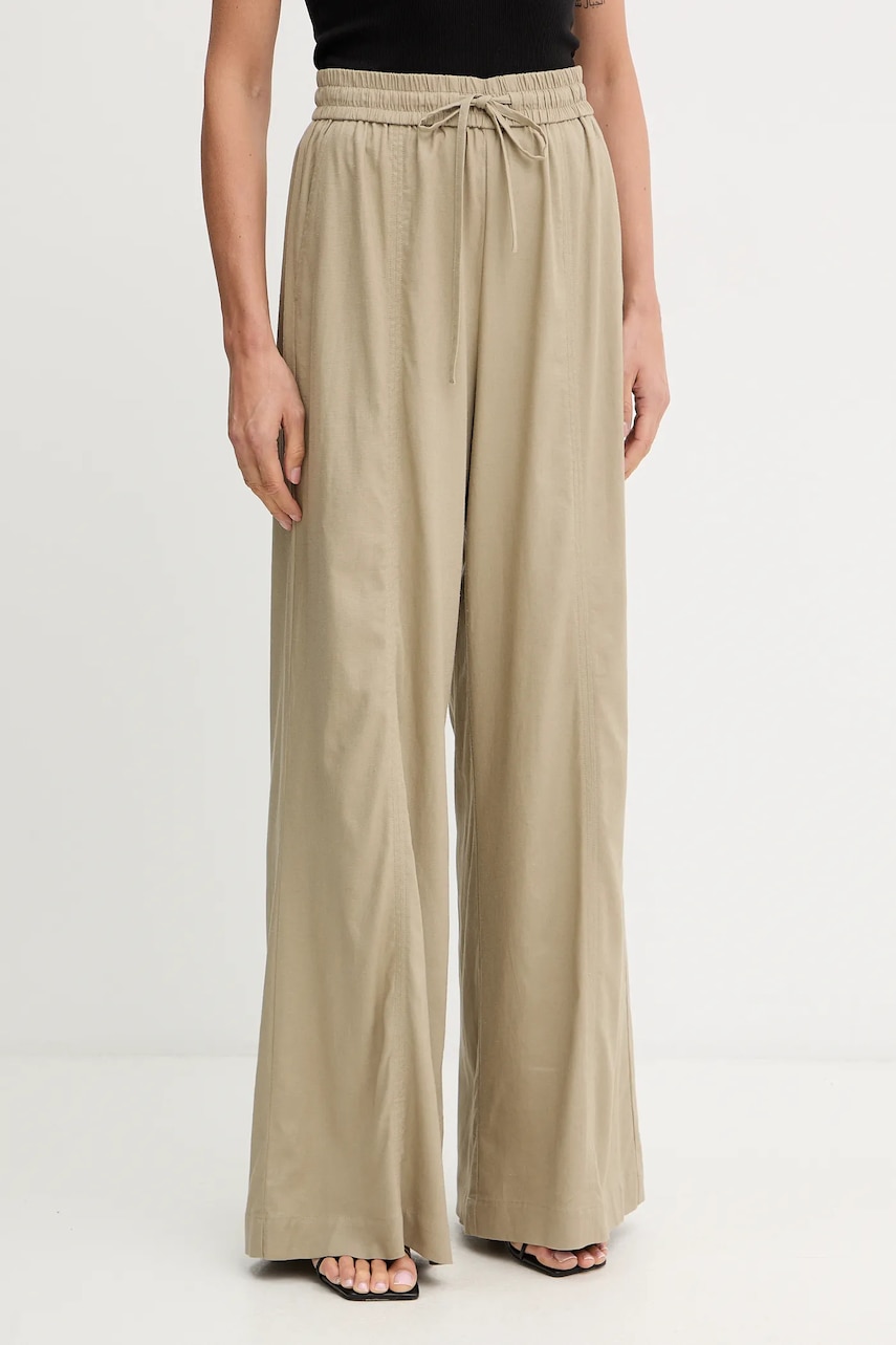 Gestuz pantaloni din amestec de in culoarea verde, drept, high waist, 10910517