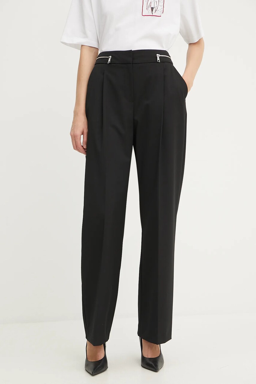 Karl Lagerfeld pantaloni din lana culoarea negru, drept, high waist, A3W10099