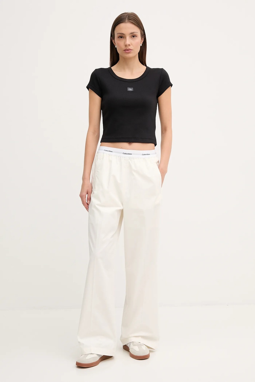 Хлопковые брюки Calvin Klein Jeans цвет бежевый широкие высокая посадка LV044C403G