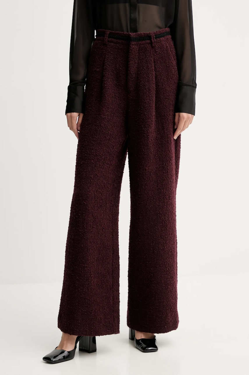 Levně Kalhoty s příměsí vlny Gestuz dámské, vínová barva, high waist, 10910647