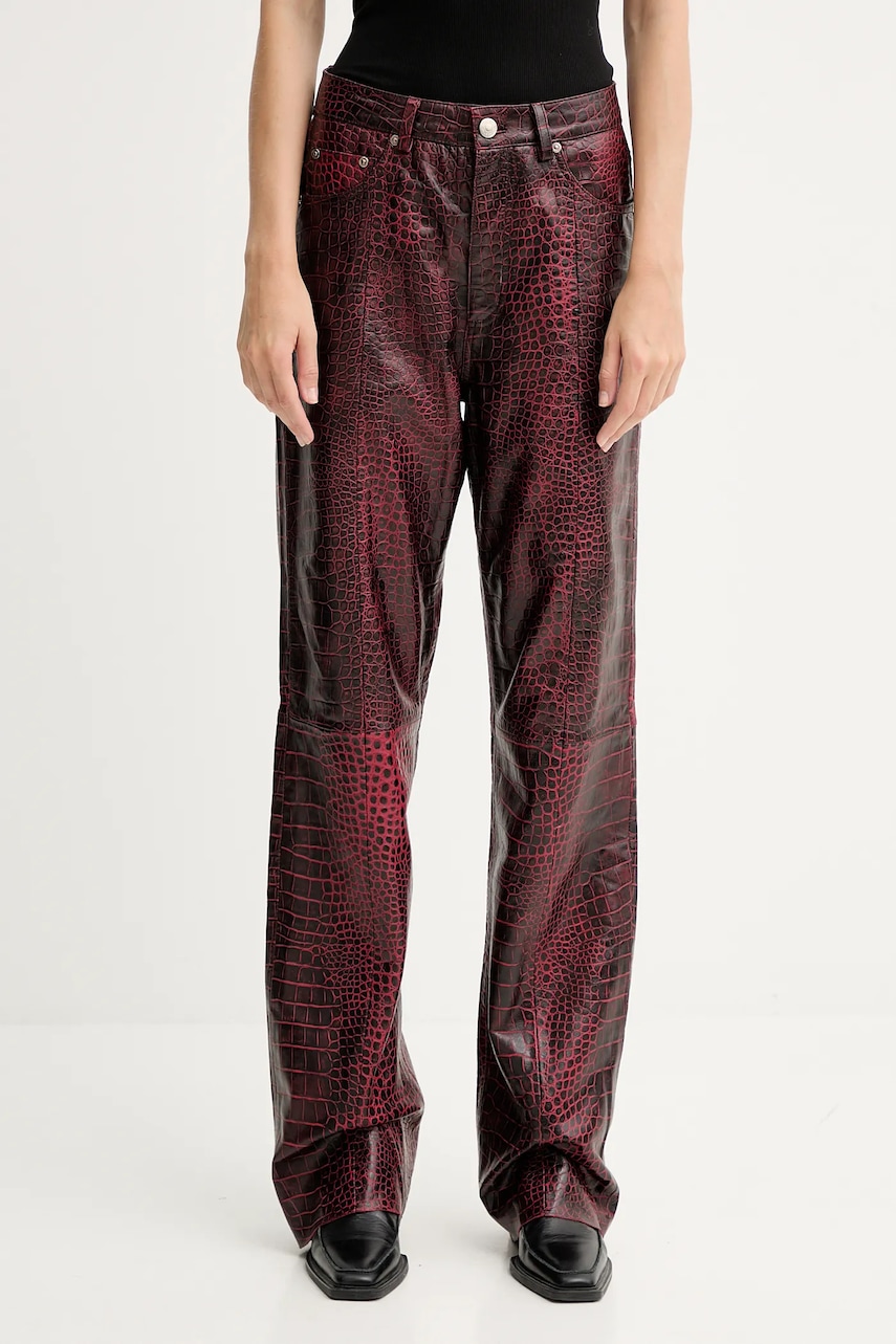 Gestuz pantaloni de piele culoarea roșu, lat, high waist, 10910742