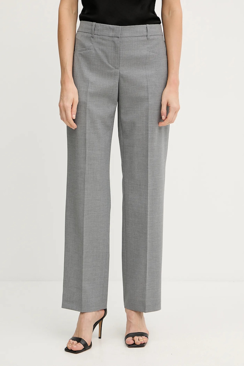 BOSS pantaloni de lână culoarea gri, drept, medium waist, 50542004