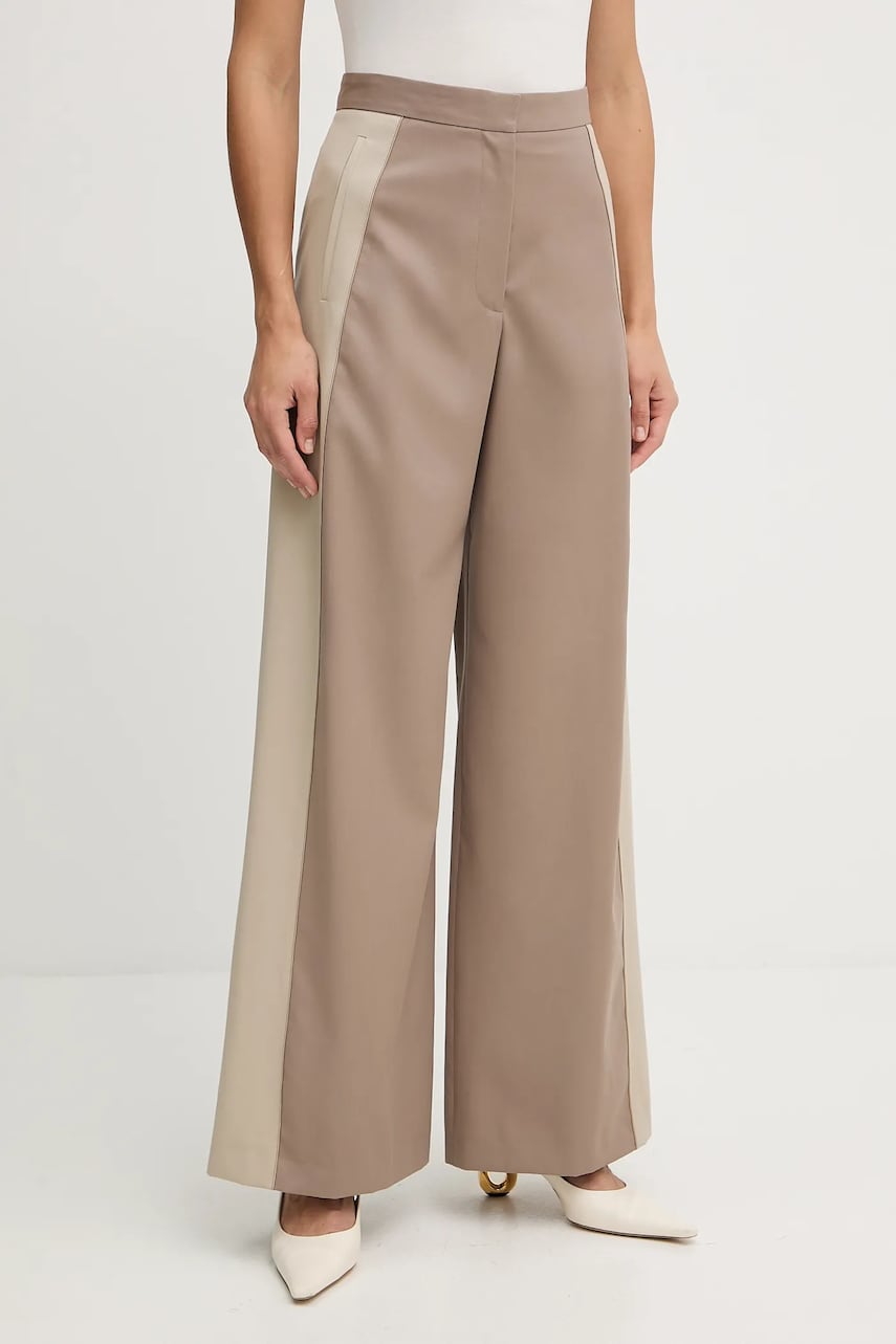 BOSS pantaloni de lână culoarea bej, lat, high waist, 50543410