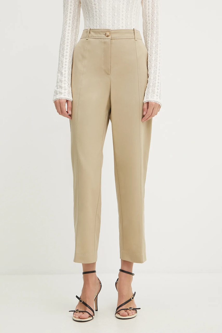 BOSS pantaloni de bumbac culoarea bej, drept, high waist, 50547650