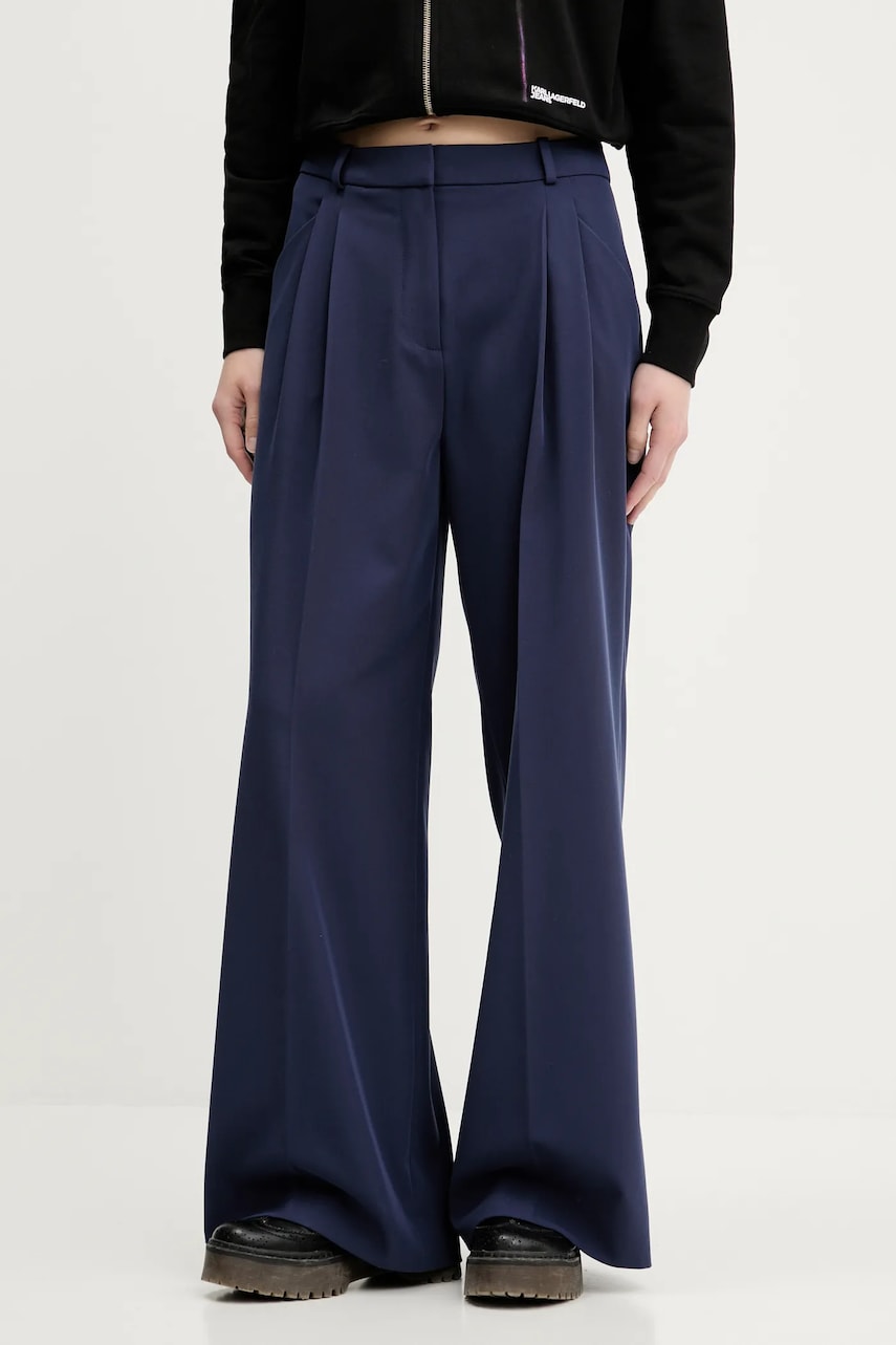 Levně Kalhoty HUGO dámské, tmavomodrá barva, široké, high waist, 50542661