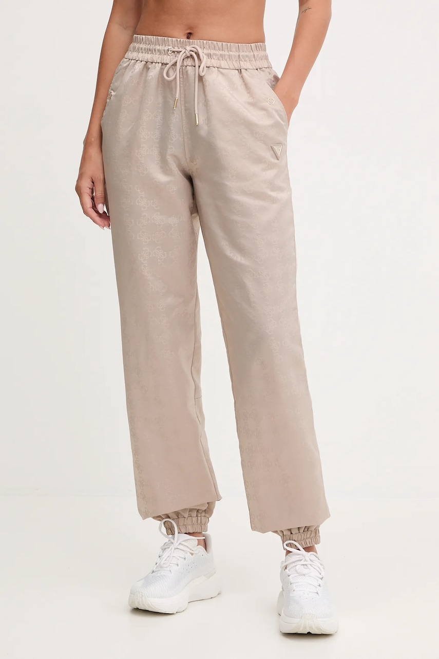 Levně Kalhoty Guess AOP dámské, béžová barva, high waist, V5YB14 WHFU0