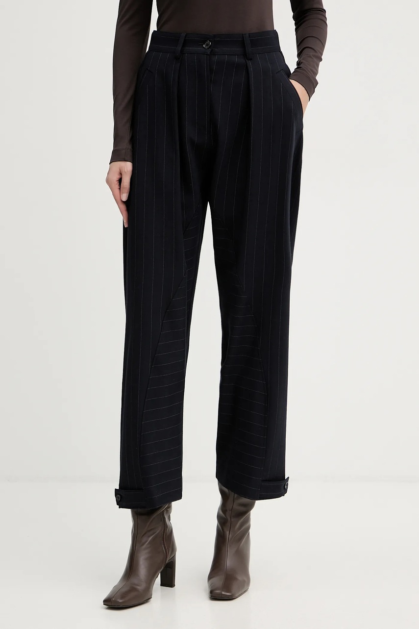 Levně Kalhoty s příměsí vlny Pinko tmavomodrá barva, high waist, 105707 A2QY