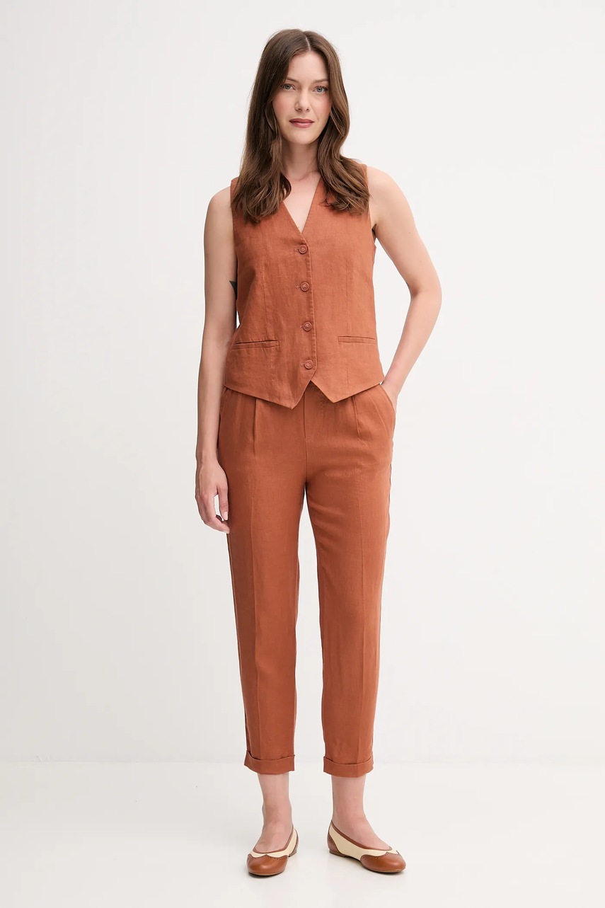 Льняные брюки United Colors of Benetton цвет оранжевый прямые высокая посадка 4AGHDF079