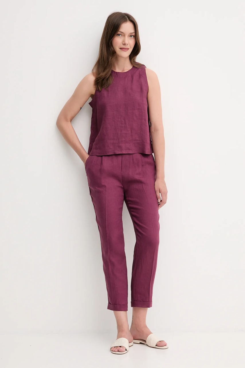 Льняные брюки United Colors of Benetton цвет фиолетовый прямые высокая посадка 4AGHDF079