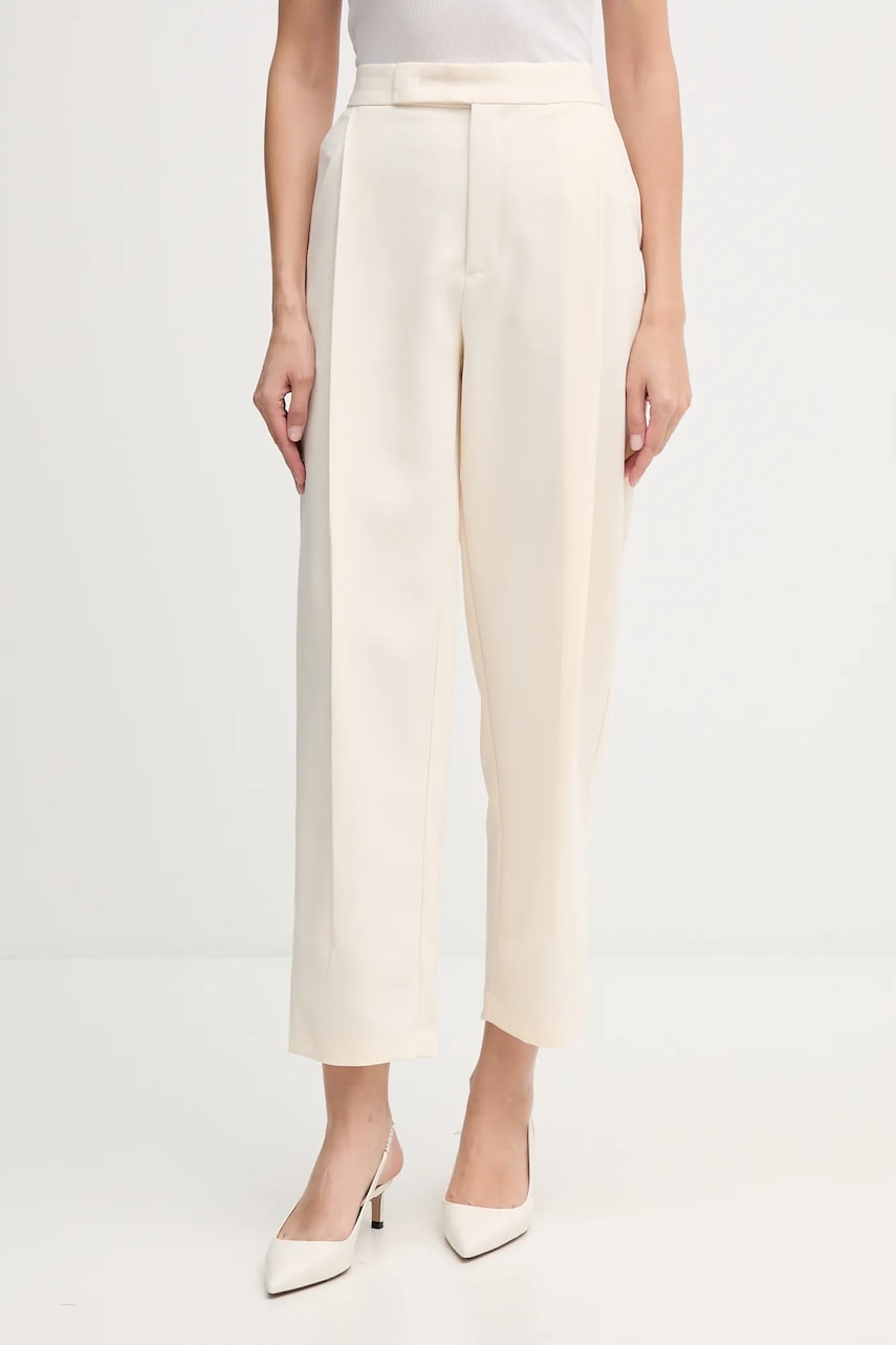 OUI pantaloni culoarea bej, fason tigareta, high waist, 85747