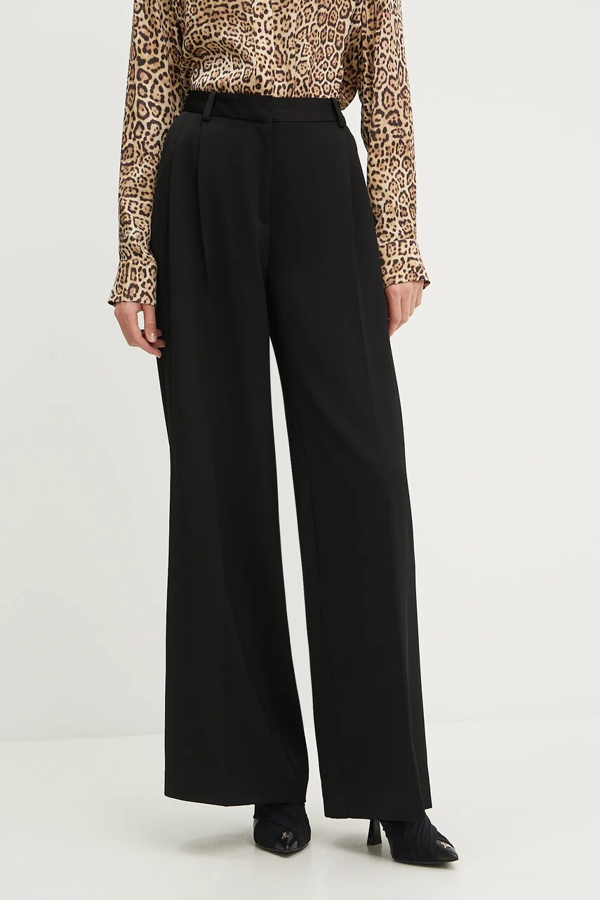 Levně Kalhoty s příměsí vlny Marciano Guess NINA dámské, černá barva, široké, high waist, 5YGB04 7340A