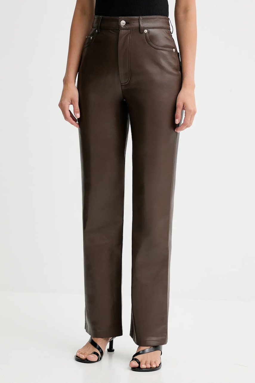 Nanushka pantaloni culoarea maro, evazați, high waist, NW25PFPA15278