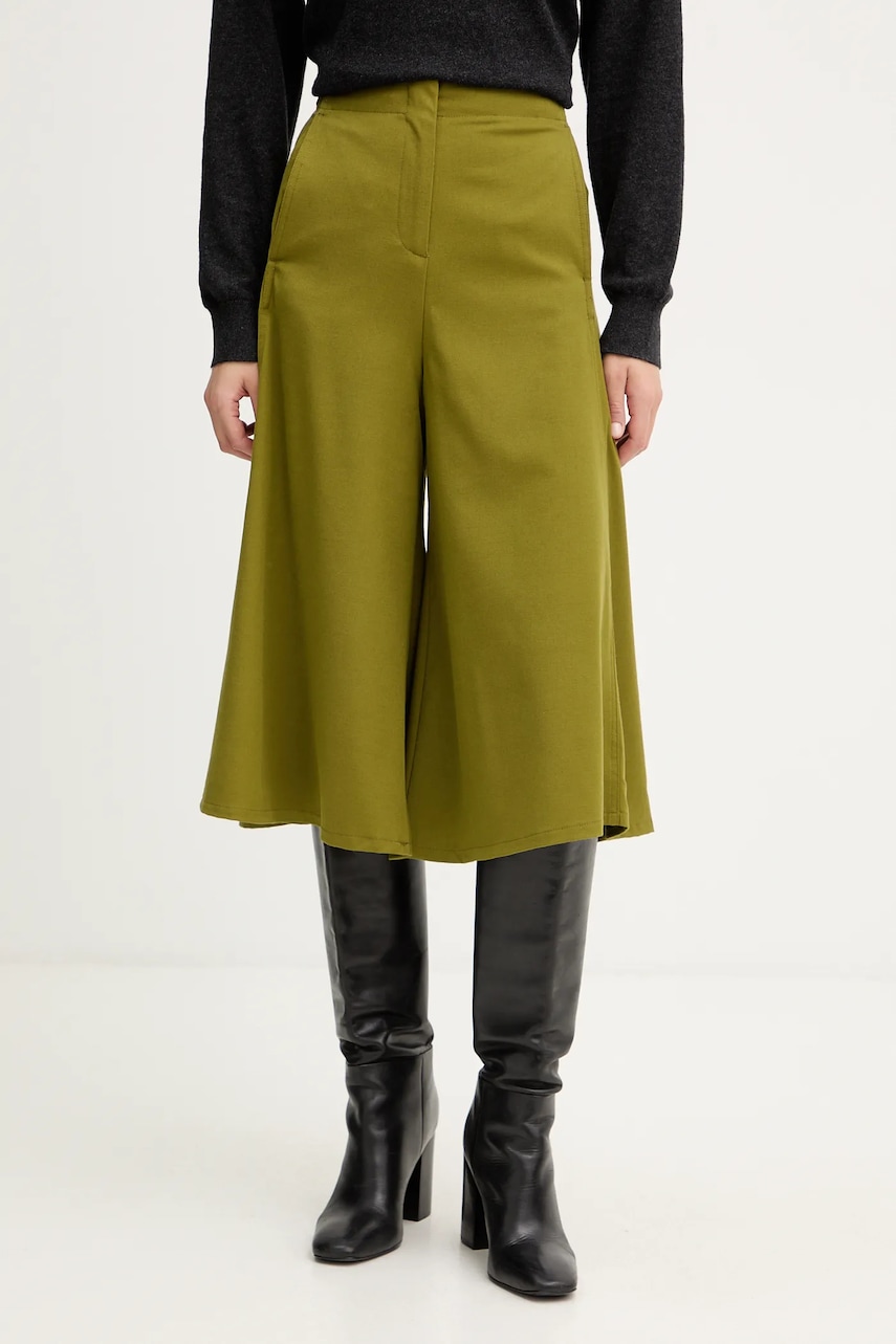 United Colors of Benetton pantaloni din lână culoarea verde, lat, high waist, 4YVXDF0A9