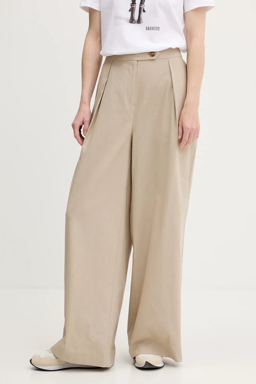 Barbour pantaloni din amestec de in LUCY culoarea bej, lat, high waist, LTR0384