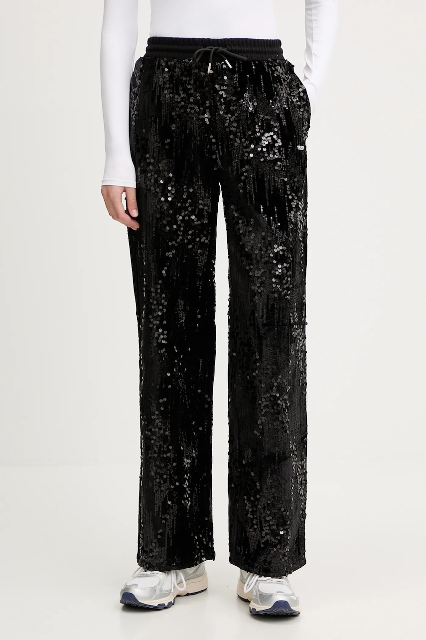 Levně Velurové teplákové kalhoty Guess dámské, černá barva, s aplikací, V5BB01 K1922