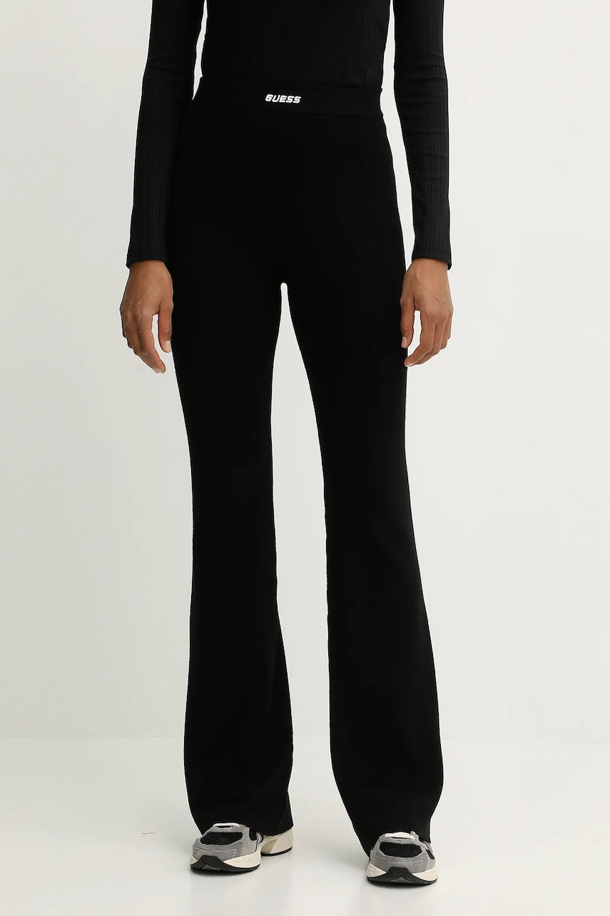 Levně Kalhoty s příměsí vlny Guess FLAMINIA dámské, černá barva, zvony, high waist, V5BB08 Z3JD2