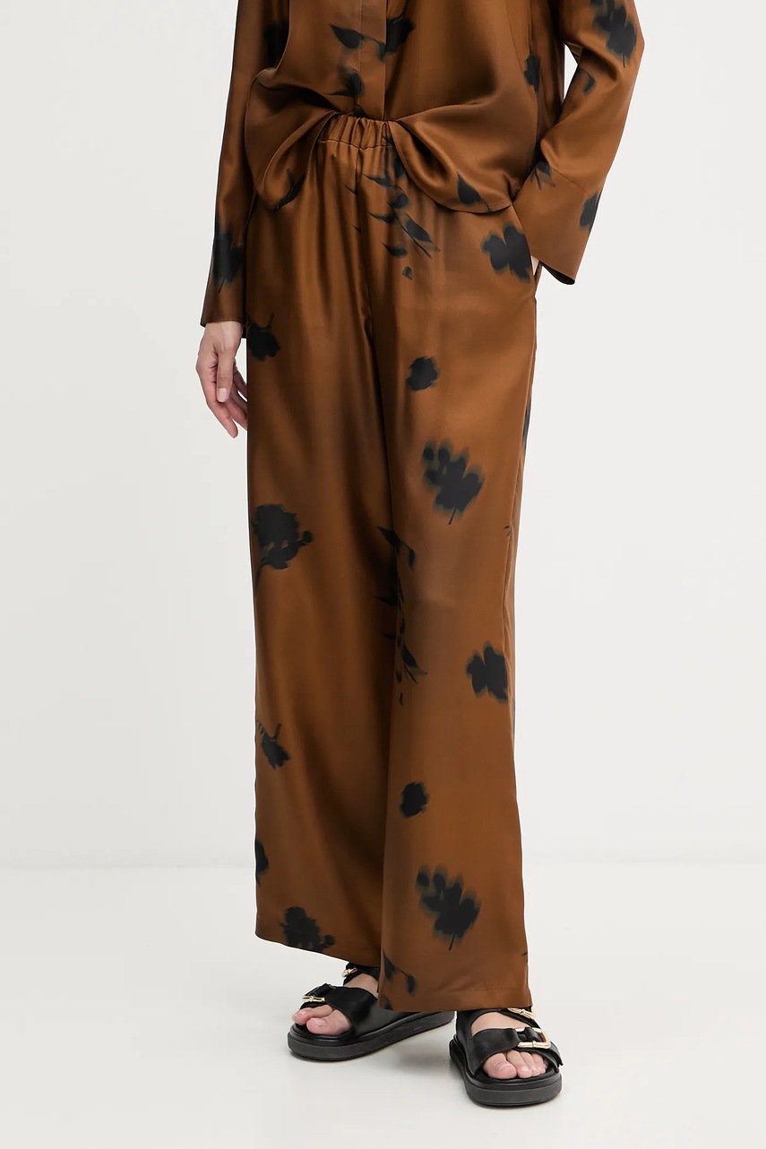 MM pantaloni de mătase HELGA culoarea maro, lat, high waist, 2526136037600
