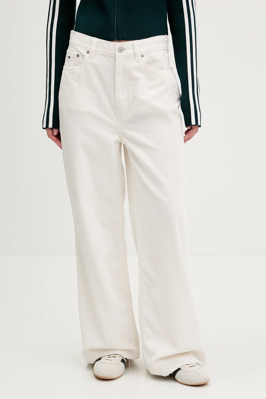 Tommy Jeans pantaloni de catifea cord culoarea alb, evazați, high waist, DW0DW21700