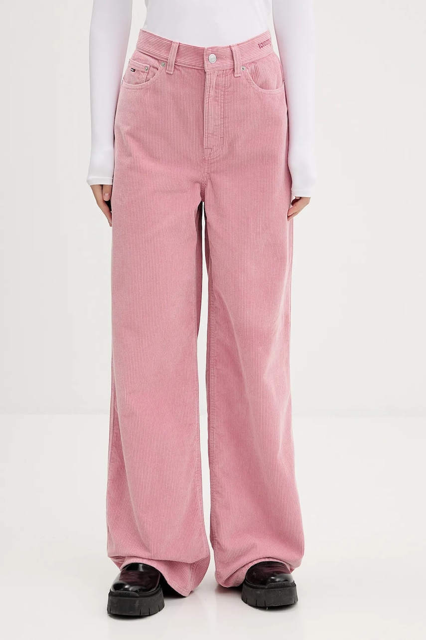 Tommy Jeans pantaloni de catifea cord culoarea roz, evazați, high waist, DW0DW21700