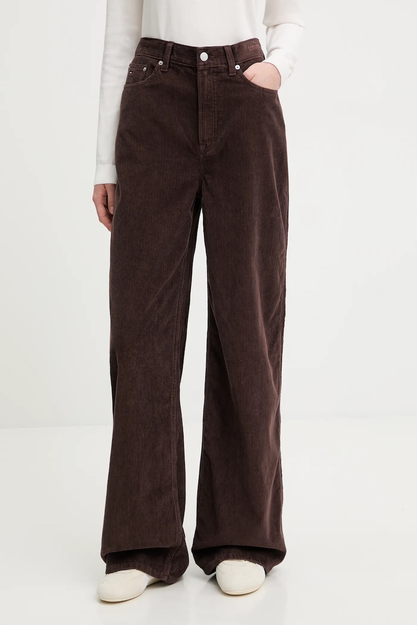 Tommy Jeans pantaloni de catifea cord culoarea maro, evazați, high waist, DW0DW21700