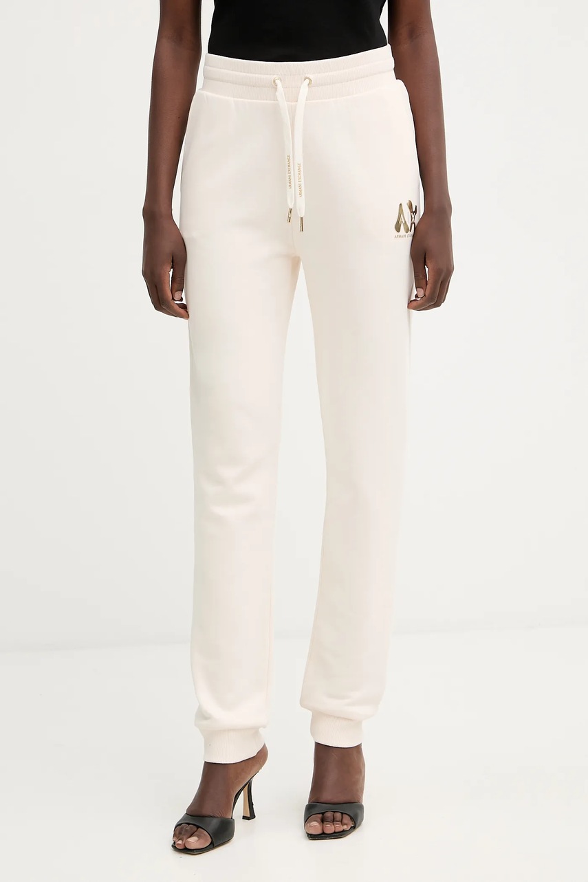 Armani Exchange pantaloni de trening din bumbac culoarea bej, cu imprimeu, XW000808 AF16192