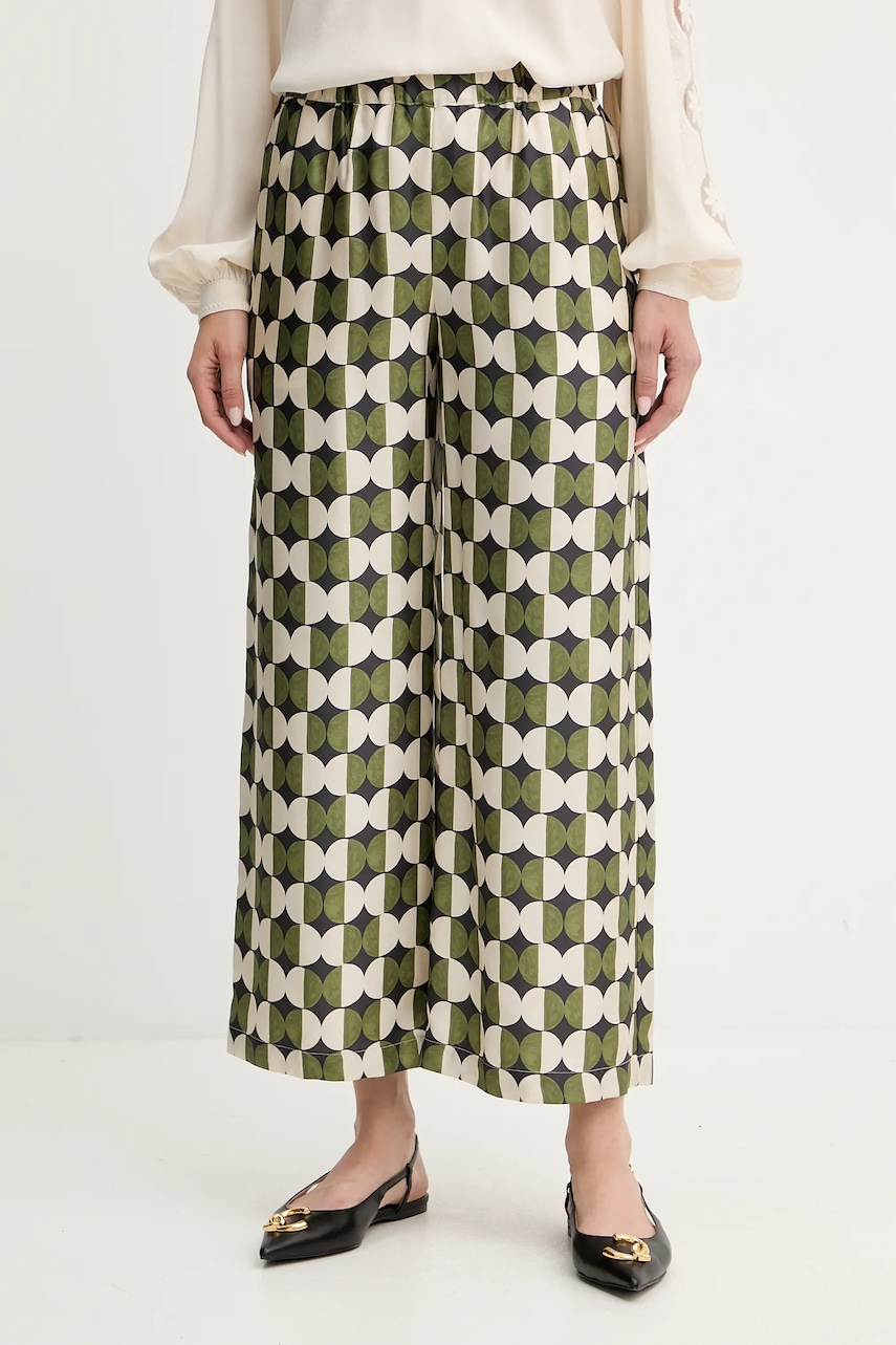 Weekend Max Mara pantaloni de mătase FIBBIA culoarea verde, drept, high waist, 2525136142600