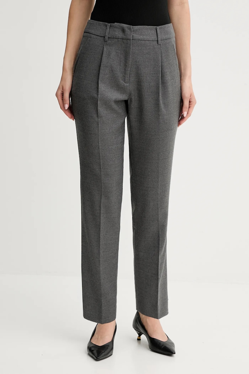 Weekend Max Mara pantaloni din lână CALDAIA culoarea gri, fason chinos, high waist, 2525136152600