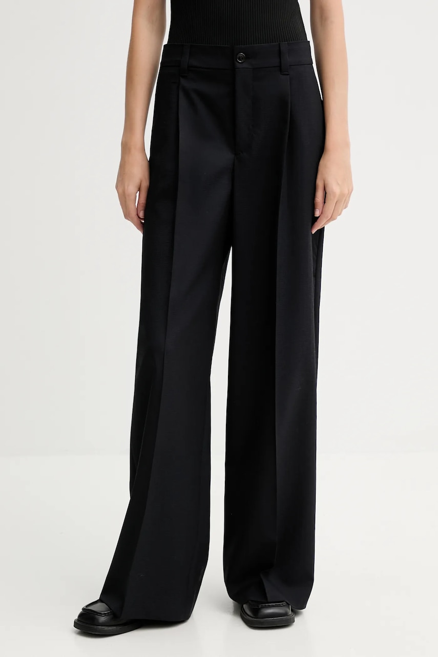 Kenzo pantaloni de lână culoarea bleumarin, lat, high waist, FF62PA1099ID