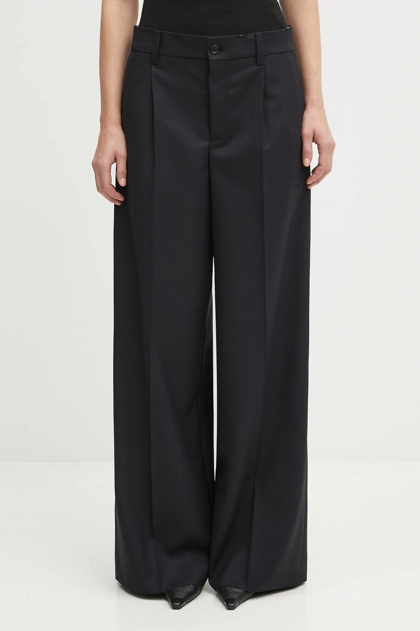 Kenzo pantaloni de lână culoarea bleumarin, lat, high waist, FF62PA1099ID