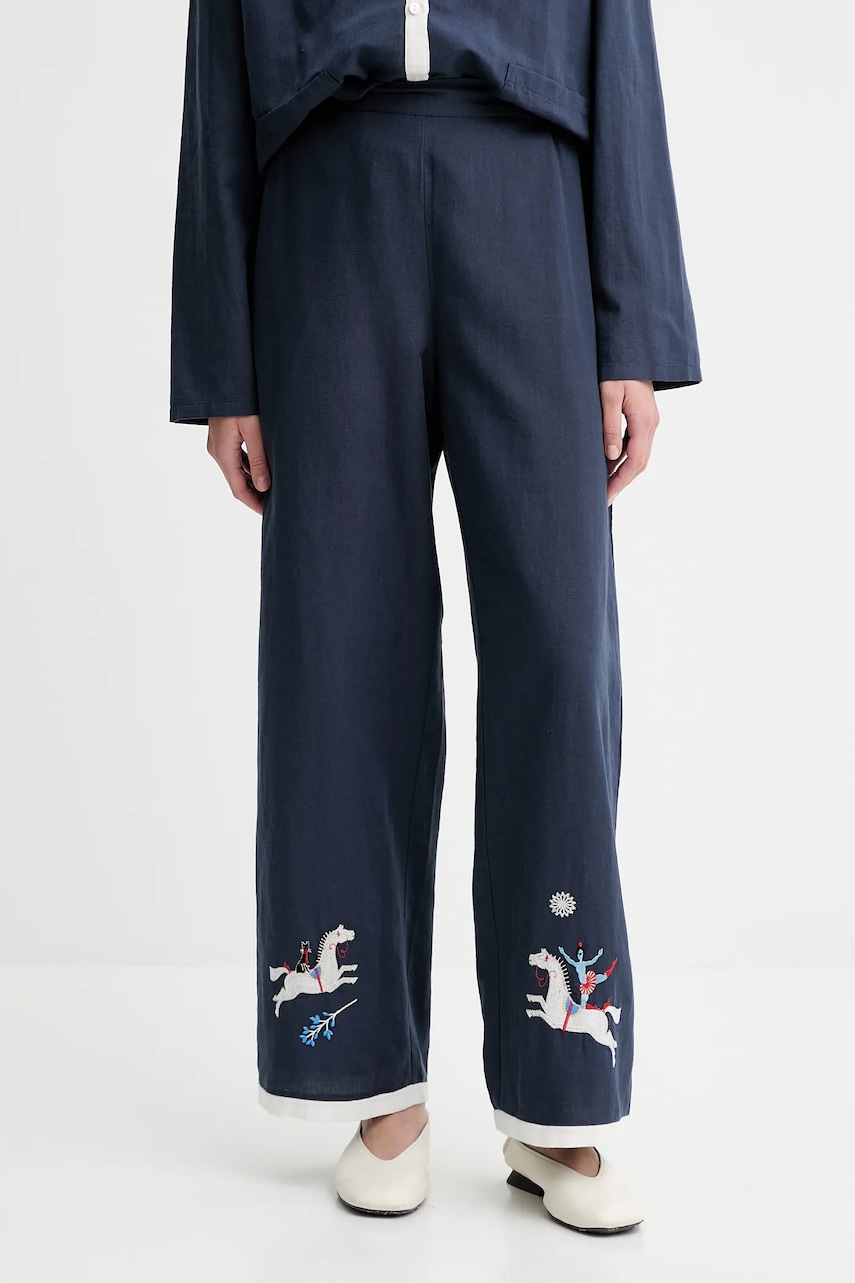 The Sleeper pantaloni din amestec de in culoarea bleumarin, drept, high waist, FW2402EP