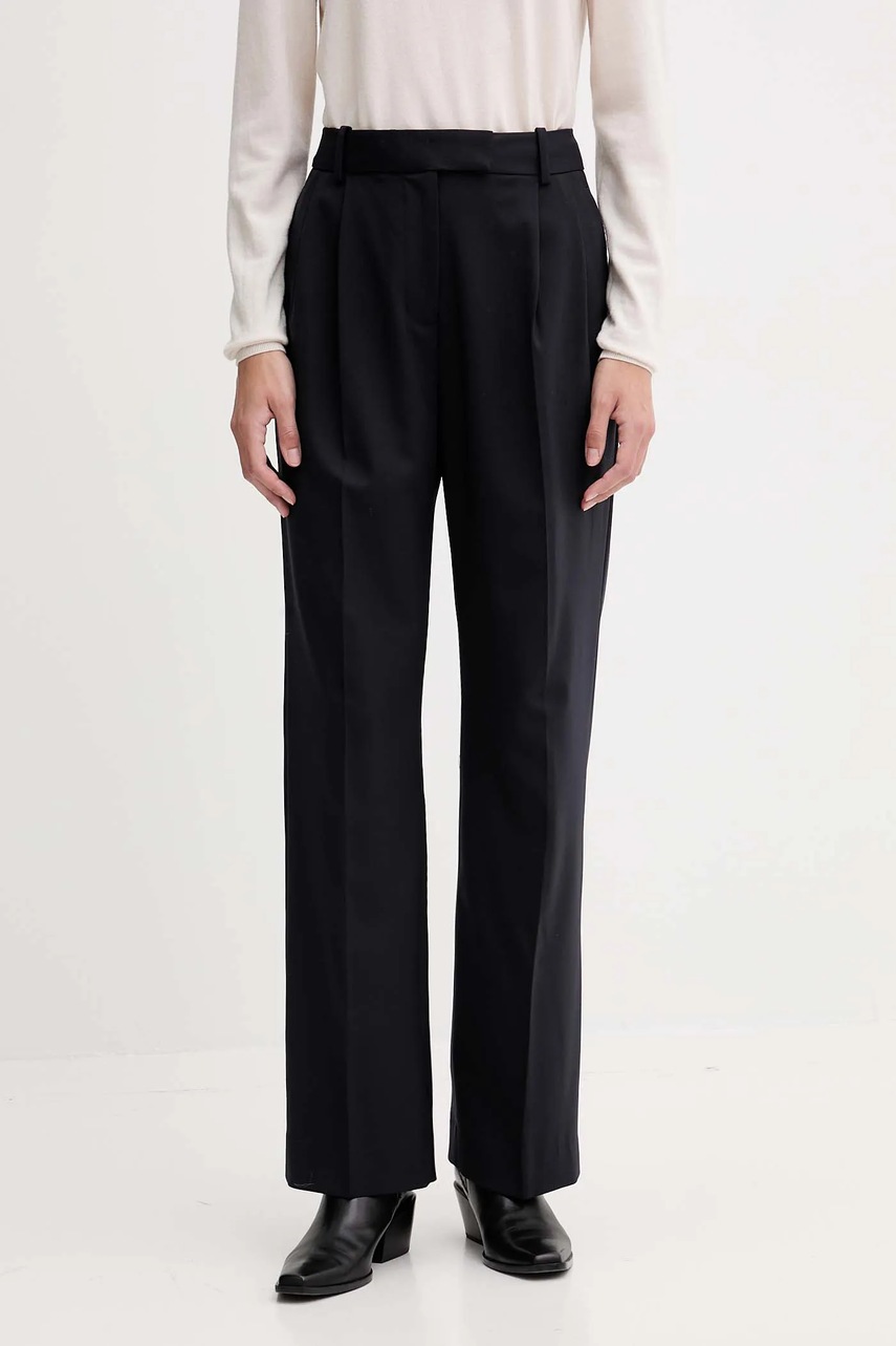 Levně Kalhoty s příměsí vlny Tommy Hilfiger tmavomodrá barva, high waist, WW0WW48352