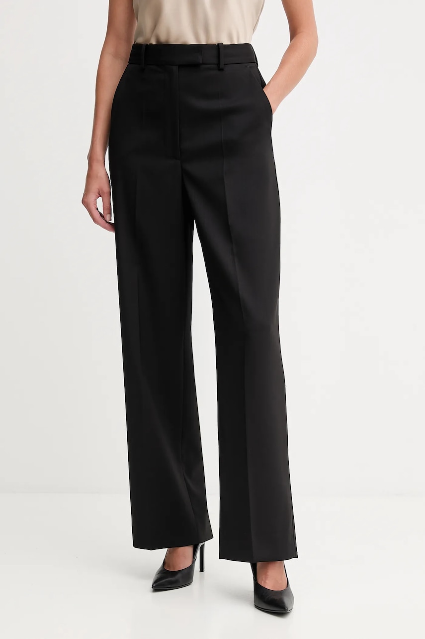 Levně Vlněné kalhoty Tommy Hilfiger dámské, černá barva, high waist, WW0WW48362