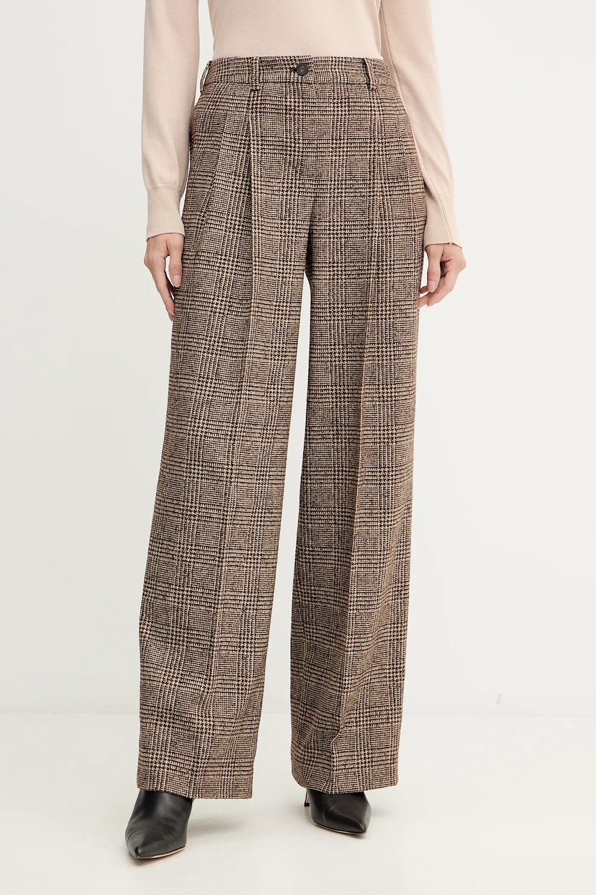 Luisa Spagnoli pantaloni cu lână culoarea maro, lat, high waist, 542379 Luisa Spagnoli pantaloni cu lână culoarea maro, lat, high waist, 542379