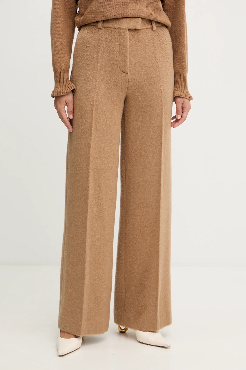 Luisa Spagnoli pantaloni de lână culoarea bej, lat, high waist, 542647
