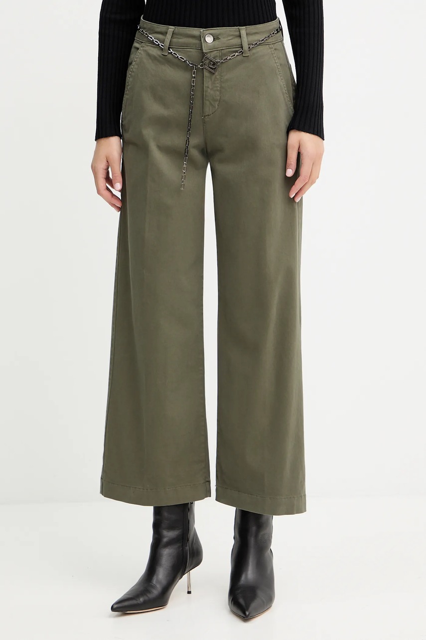 Levně Kalhoty Liu Jo dámské, zelená barva, široké, high waist, MF5406 T8191