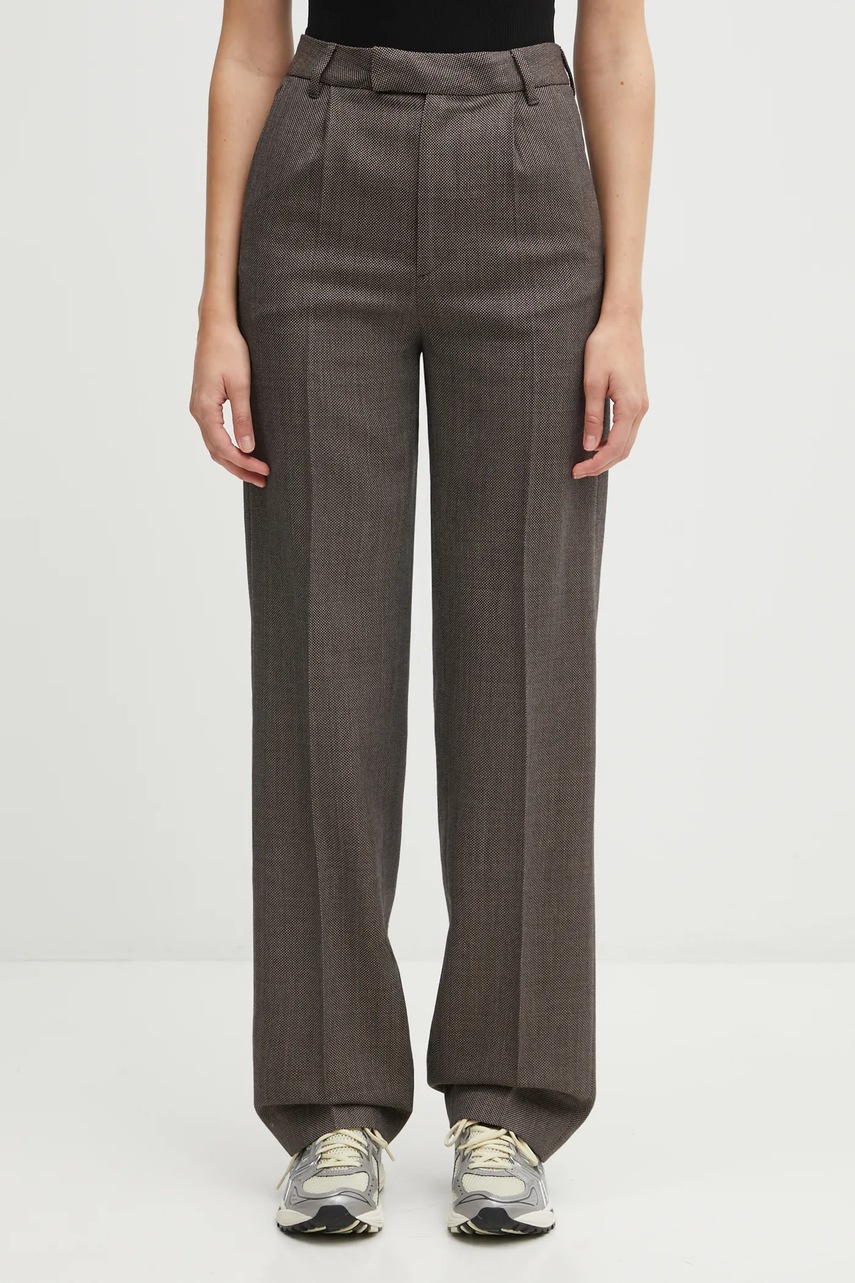 Levně Vlněné kalhoty MM6 Maison Margiela dámské, hnědá barva, high waist, S62KB0247.M35636.001F