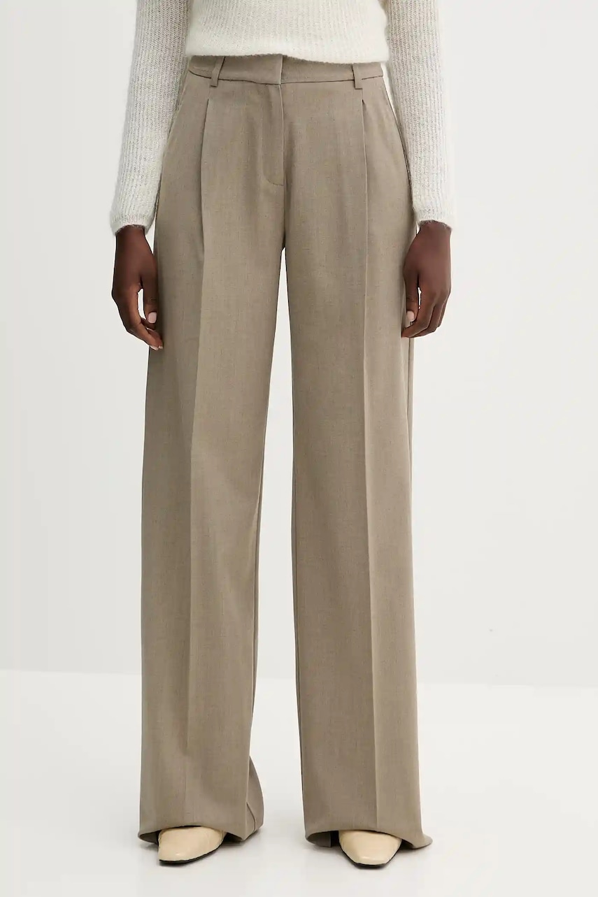 Marella pantaloni din lână culoarea verde, lat, high waist, 2523136251200