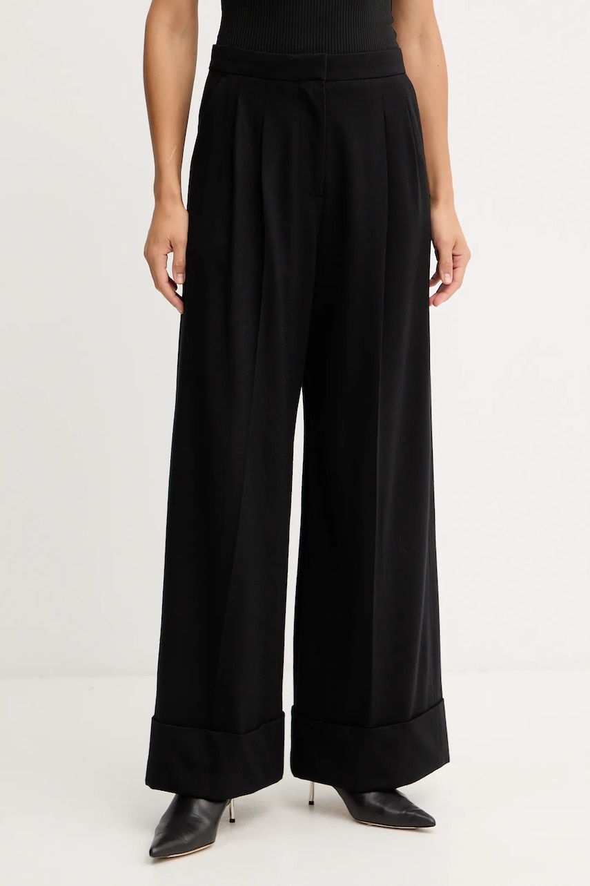 BOSS pantaloni de lână culoarea negru, lat, high waist, 50550804