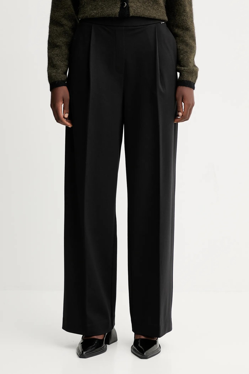 Levně Kalhoty Calvin Klein dámské, černá barva, široké, high waist, LV044D663G