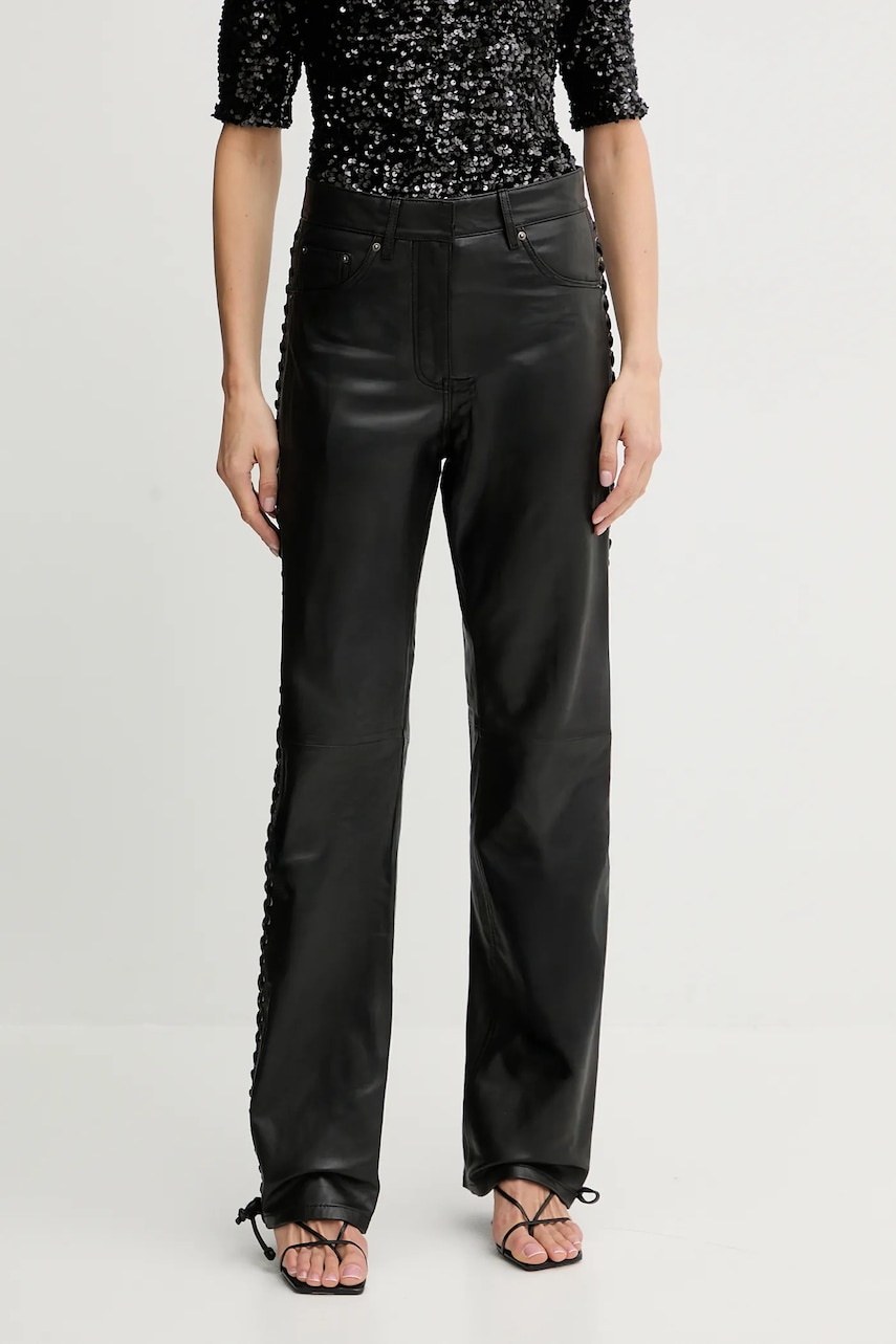 Rotate pantaloni de piele culoarea negru, lat, high waist, 115133100