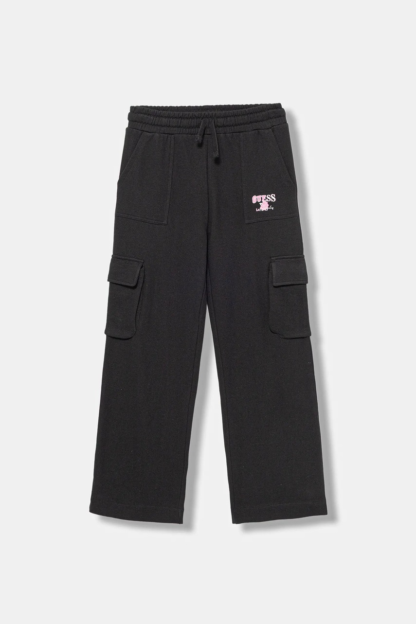 Levně Dětské bavlněné tepláky Guess černá barva, s potiskem, J5YQ15 KA6R4