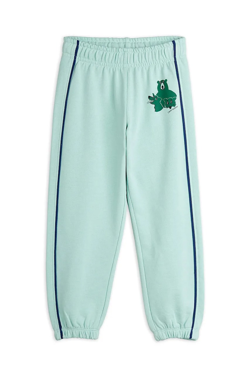 Mini Rodini pantaloni de trening din bumbac pentru copii Camp Rodini culoarea turcoaz, cu imprimeu, 2563010160