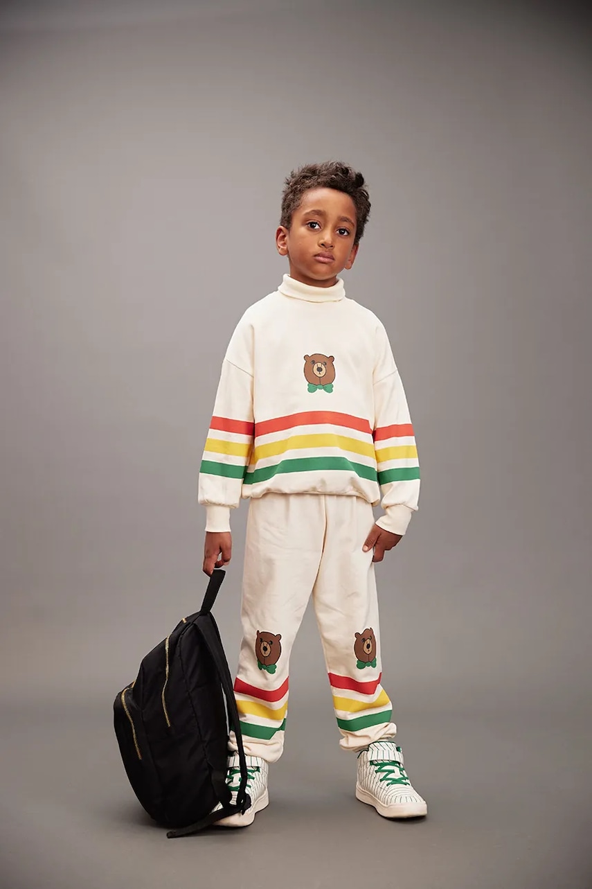 Mini Rodini pantaloni de trening din bumbac pentru copii Bear culoarea bej, cu imprimeu, 25730138