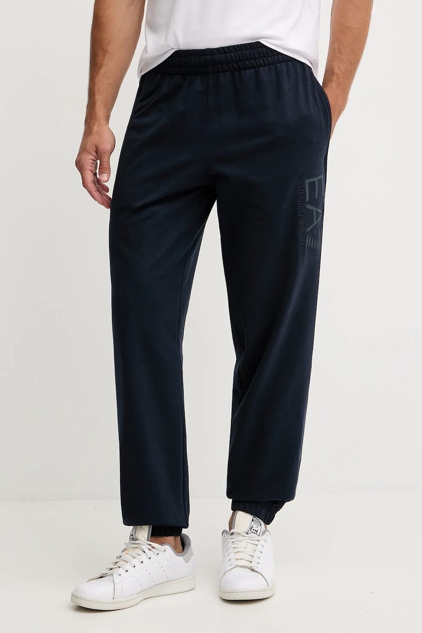 EA7 Emporio Armani pantaloni de trening din bumbac culoarea albastru marin, cu imprimeu, AF13512.7M000906