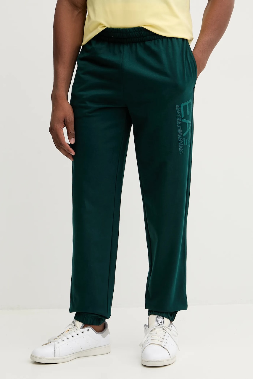 Levně Bavlněné tepláky EA7 Emporio Armani pánské, tyrkysová barva, s aplikací, AF13512.7M000906