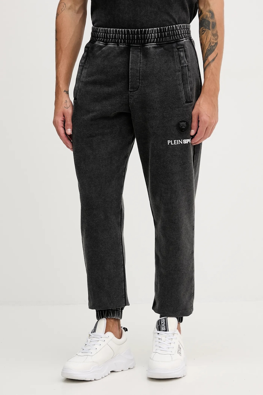 PLEIN SPORT pantaloni de trening din bumbac culoarea negru, cu imprimeu, FAEC MJT2647 SJY001N
