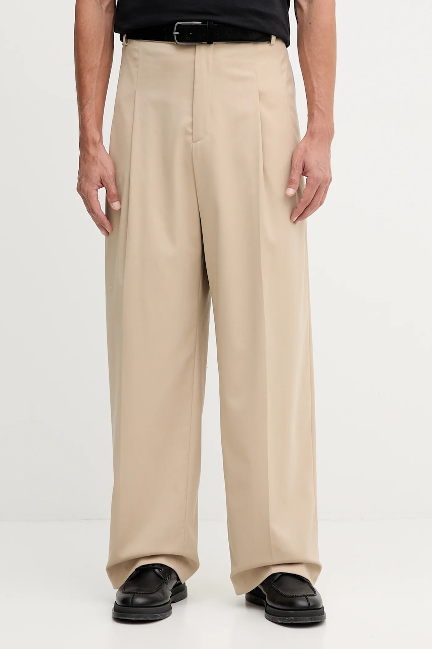 Kenzo pantaloni de lână bărbați, culoarea bej, chinos FF65PA3689RZ