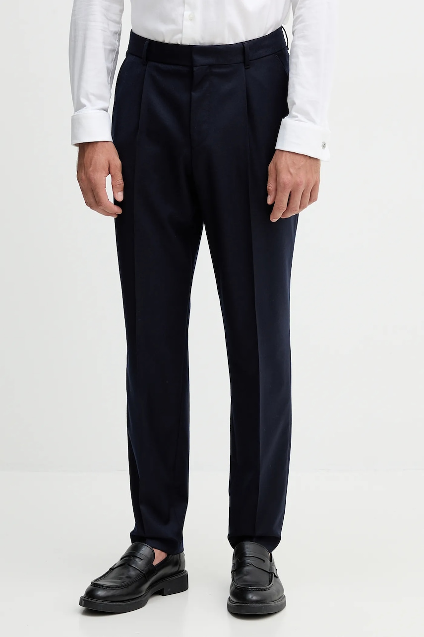 BOSS pantaloni de lână culoarea bleumarin, mulată, 50551594